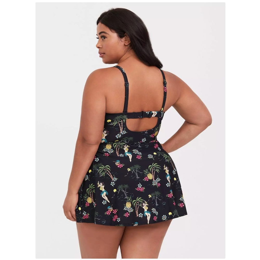 Torrid 3X Hula Girl Swim Dress Black Tropical Skirted One Piece Retro - Picture 3 of 15
